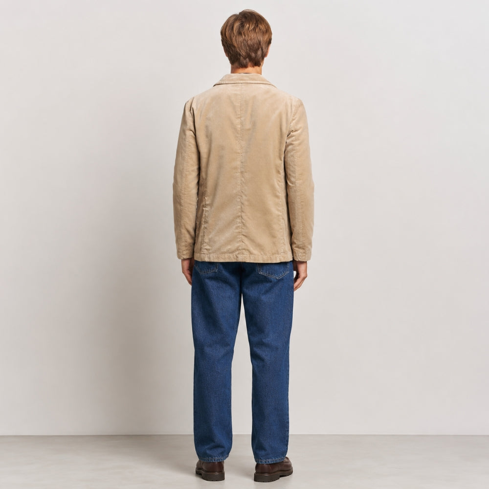 Aspesi Casaglia single-breasted blazer in beige suede-look Alcantara, front flat lay with three buttons and patch pockets - back view
