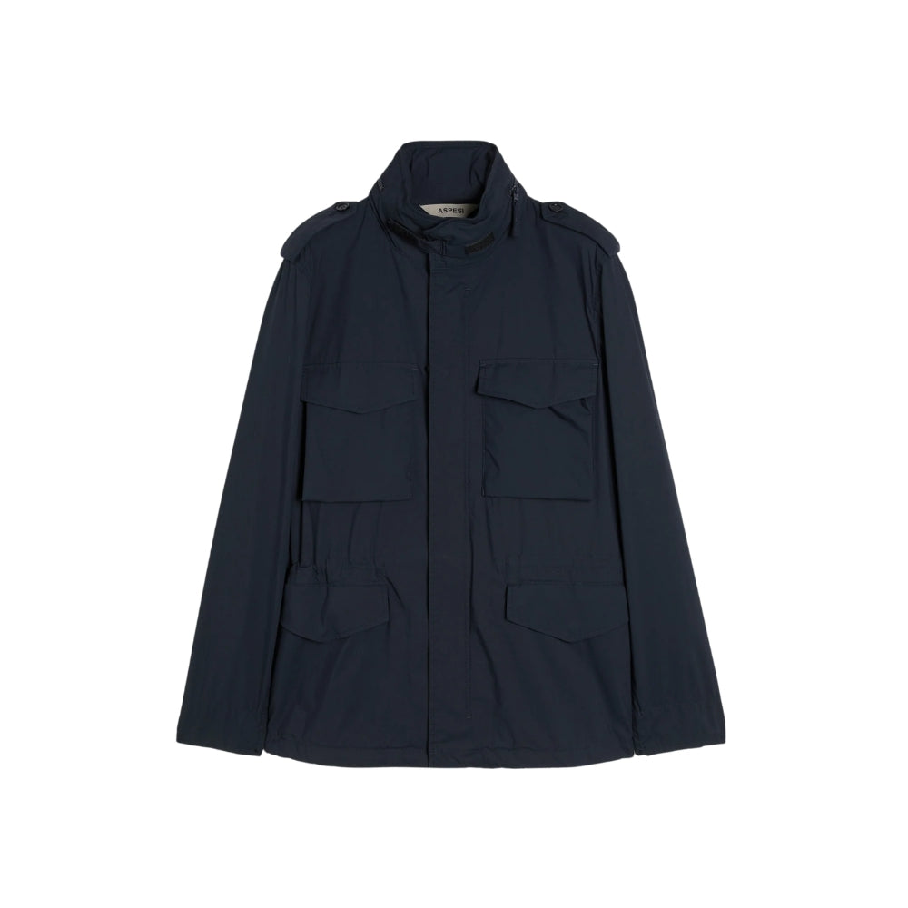 Aspesi Minifield field jacket in navy, front flat lay showing four flap pockets, epaulettes and stand collar