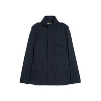 Aspesi Minifield field jacket in navy, front flat lay showing four flap pockets, epaulettes and stand collar