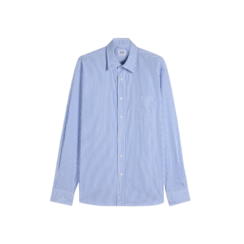 Aspesi striped Japanese cotton shirt in light blue and white, front flat lay with chest pocket