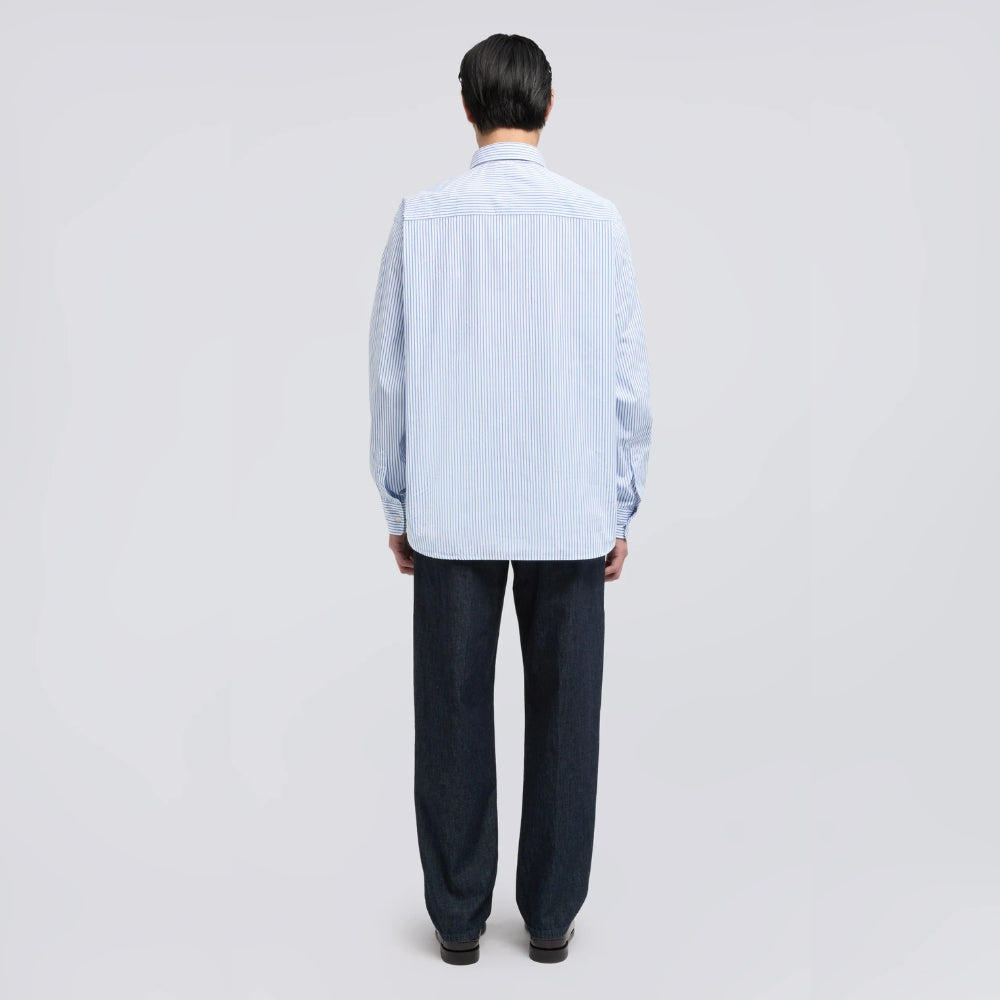 Back view of the Aspesi light blue and white striped Japanese cotton shirt