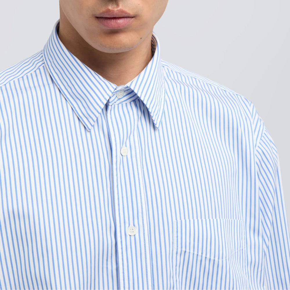 Close-up of the Aspesi striped cotton shirt's point collar and chest pocket