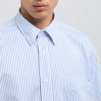 Close-up of the Aspesi striped cotton shirt's point collar and chest pocket