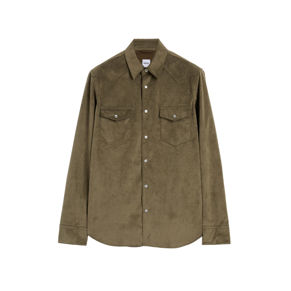 Aspesi West shirt in olive Alcantara, front flat lay showing the western yoke and twin flap pockets