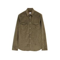 Aspesi West shirt in olive Alcantara, front flat lay showing the western yoke and twin flap pockets