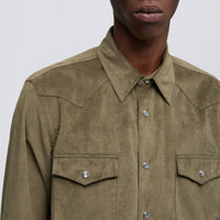 Close-up of the Aspesi West shirt in olive suede-look Alcantara, with pointed yoke and metal press studs