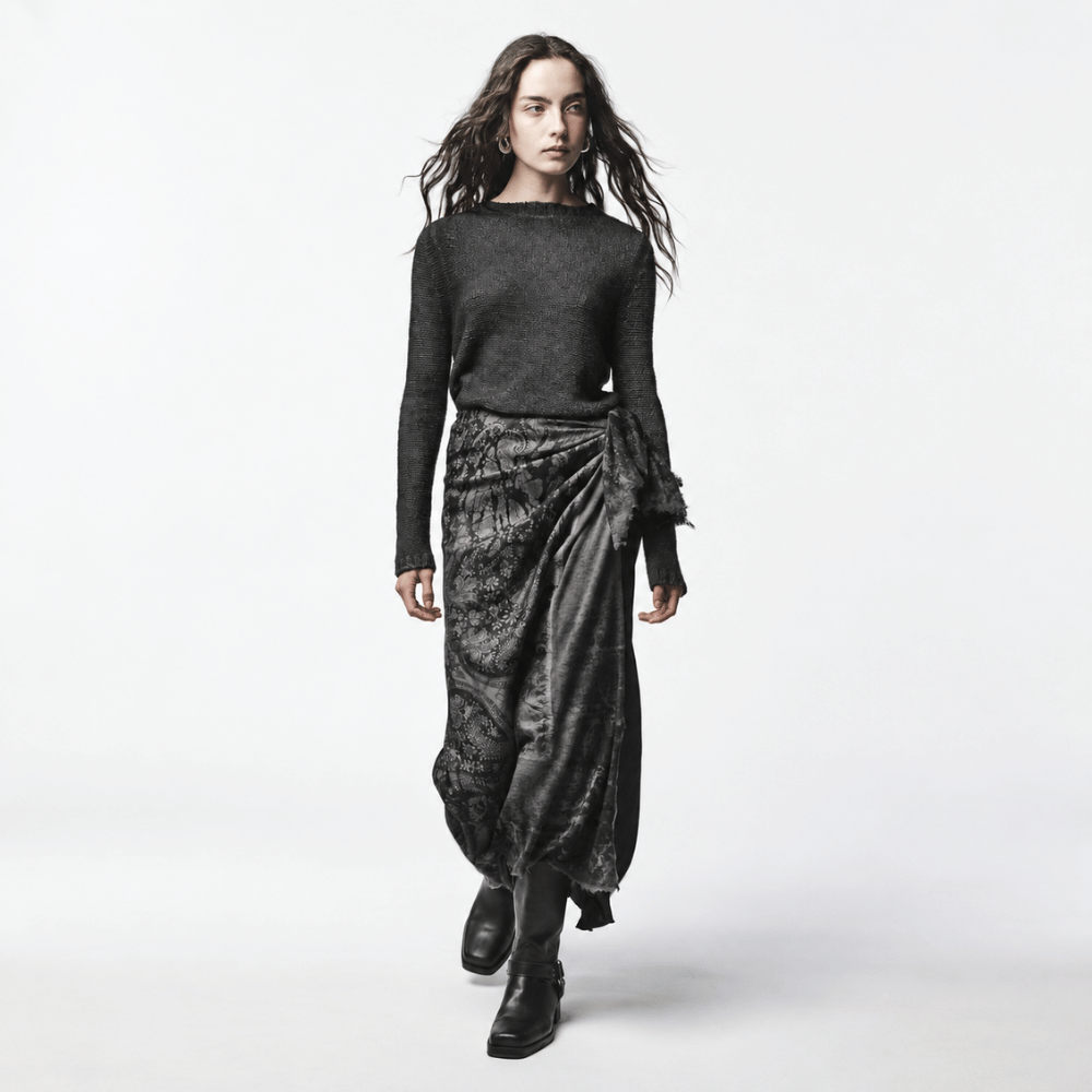 Shop Avant Toi’s hand-painted paisley scarf in Nero at Riada Concept. Printed silk meets soft cashmere-silk knit with distressed edges - front full model view