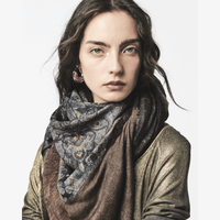 Shop Avant Toi’s hand-painted paisley scarf in Yak at Riada Concept. Warm brown cashmere-silk knit, printed silk and distressed edges - close up