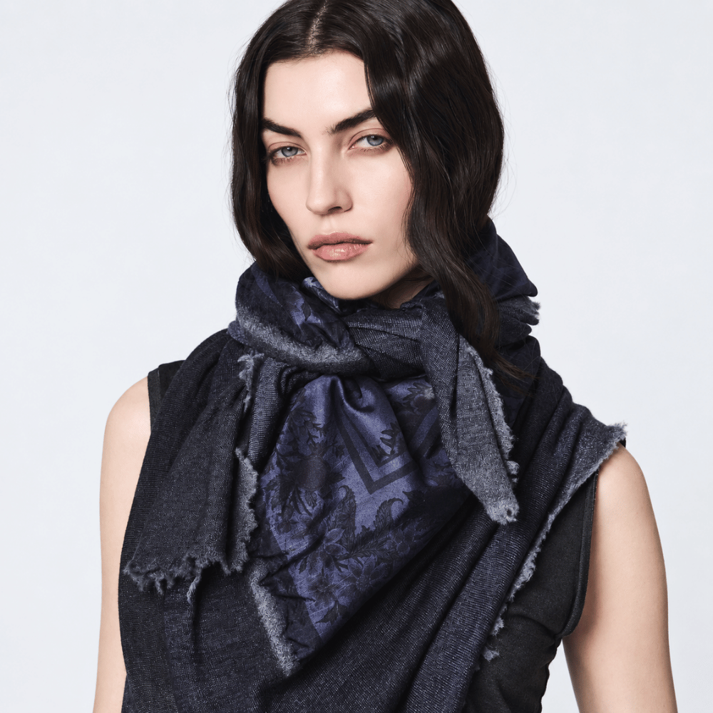 Shop Avant Toi’s hand-painted pomegranate scarf in Navy at Riada Concept. Botanical silk print, soft cashmere-silk knit and distressed edges - close up