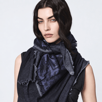Shop Avant Toi’s hand-painted pomegranate scarf in Navy at Riada Concept. Botanical silk print, soft cashmere-silk knit and distressed edges - close up