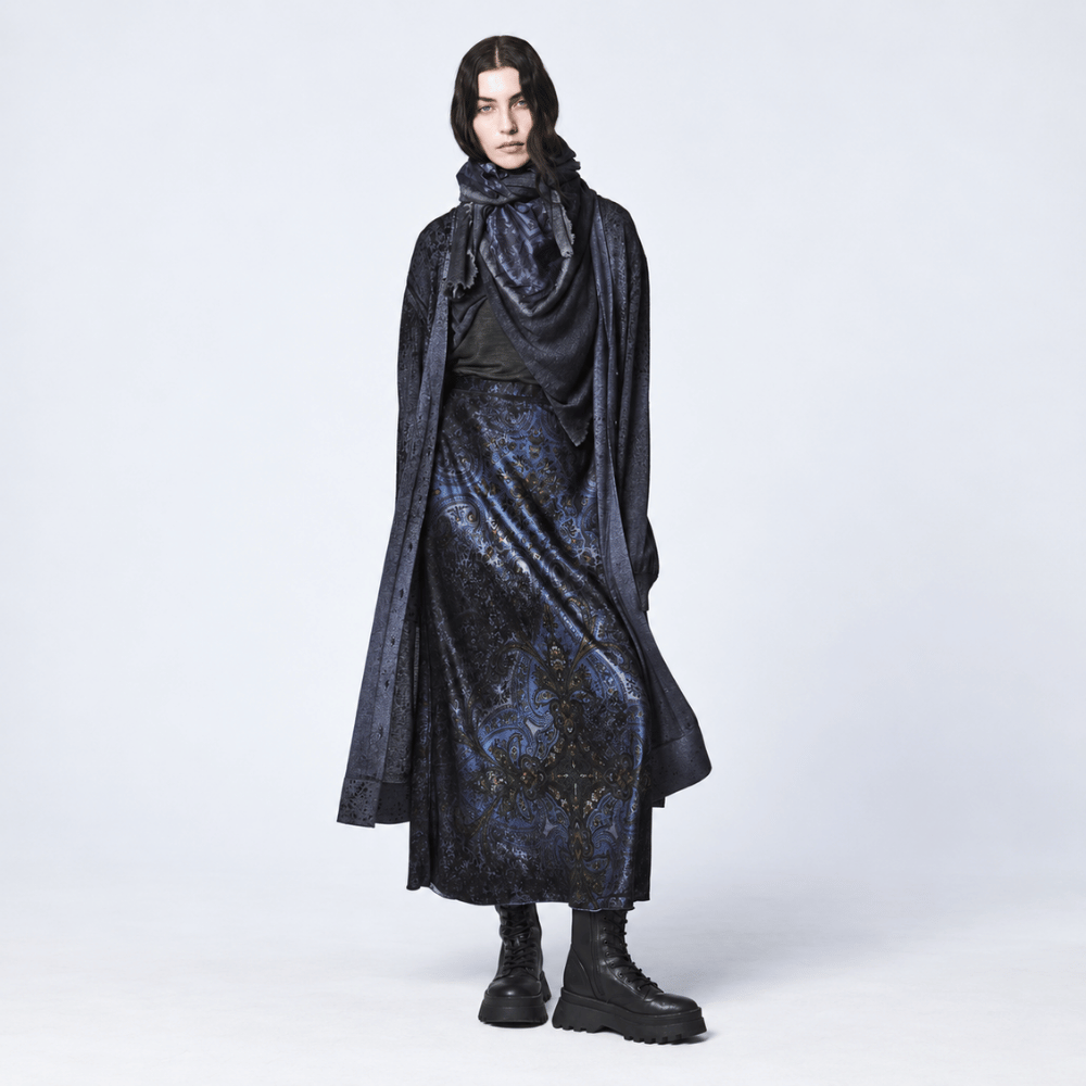 Shop Avant Toi’s hand-painted pomegranate scarf in Navy at Riada Concept. Botanical silk print, soft cashmere-silk knit and distressed edges