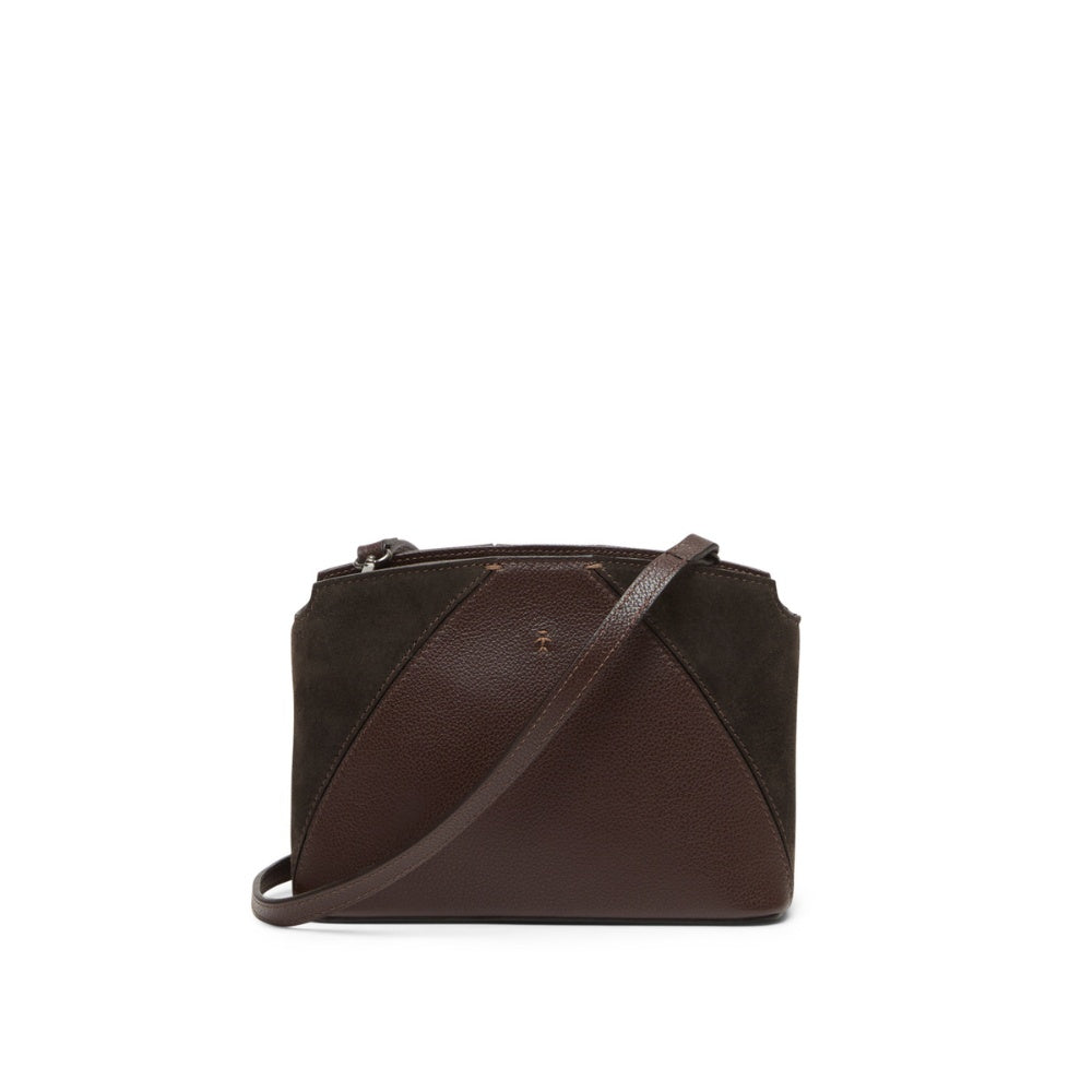 Henry Beguelin Volta Small crossbody bag in T. Moro dark brown grained leather and suede, front view
