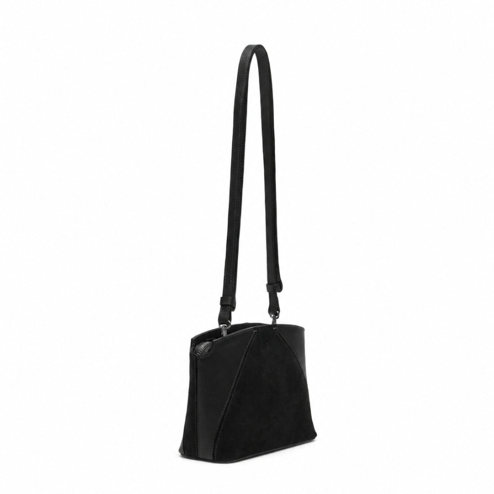 Henry Beguelin Volta Small crossbody bag in nero black suede and grained leather, back view with shoulder strap