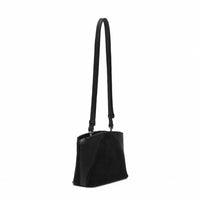 Henry Beguelin Volta Small crossbody bag in nero black suede and grained leather, back view with shoulder strap