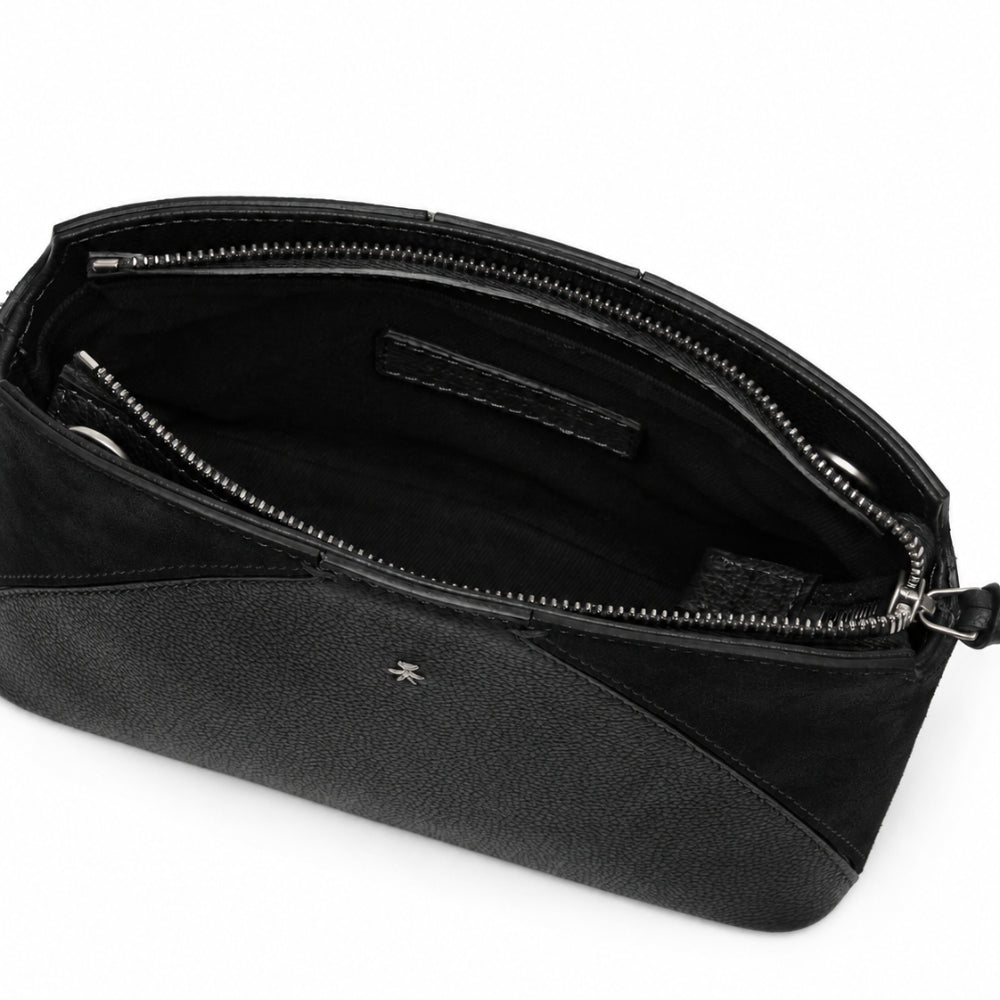 Henry Beguelin Volta Small crossbody bag in nero black, interior view with black lining and inner zip pocket