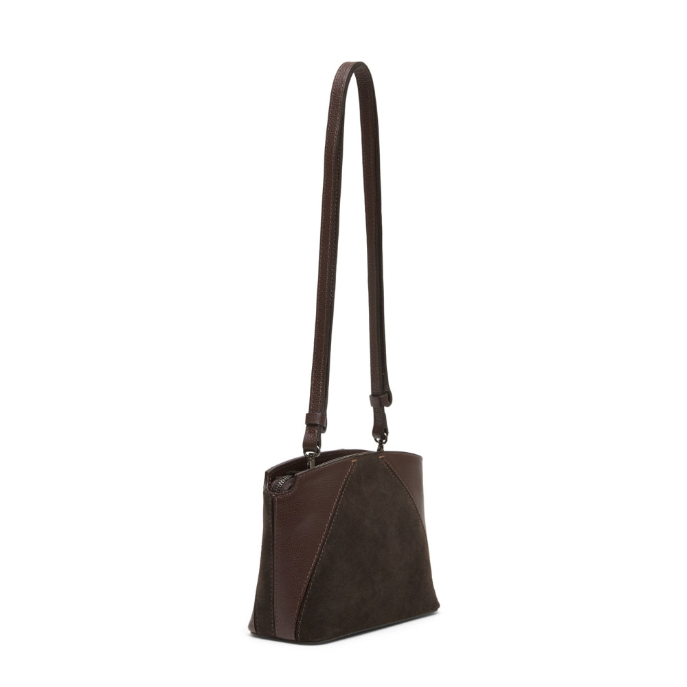 Henry Beguelin Volta Small crossbody bag in T. Moro dark brown suede and grained leather, back view with shoulder strap