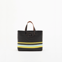 Plan C Striped Small Straw Tote Bag in Black with yellow and lime stripe detail and leather handles - front view
