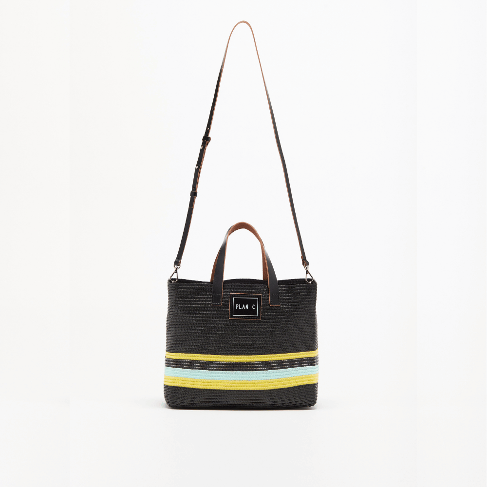 Plan C Striped Small Straw Tote Bag in Black with yellow and lime stripe detail and leather handles