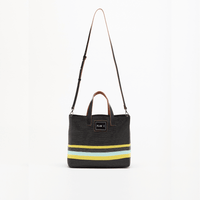 Plan C Striped Small Straw Tote Bag in Black with yellow and lime stripe detail and leather handles