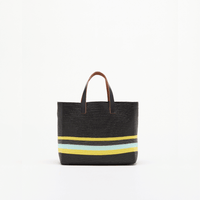Plan C Striped Small Straw Tote Bag in Black with yellow and lime stripe detail and leather handles - back view