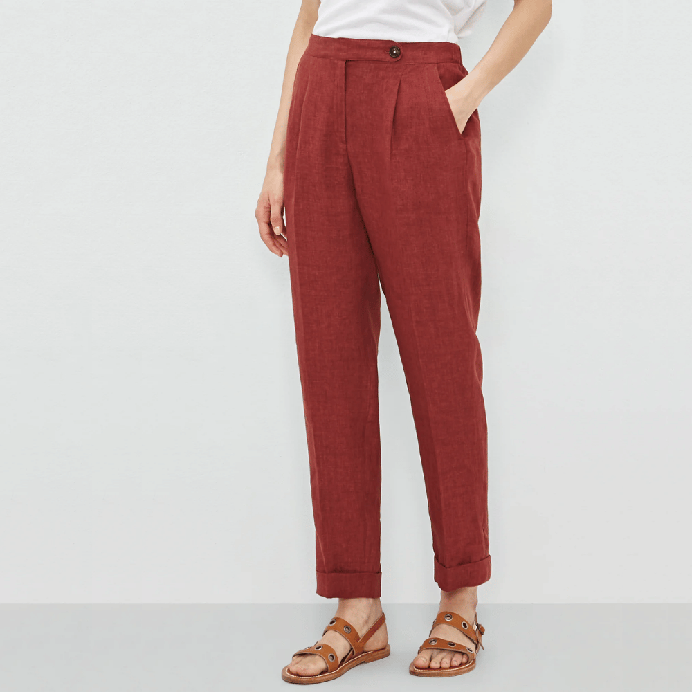 Massimo Alba Woman Boga Délavé Pleated Tapered Linen Trousers in Rust MASSIMO ALBA WOMENS Designer fashion shop online and in store High End fashion boutique Sydney Australia Riada Concept