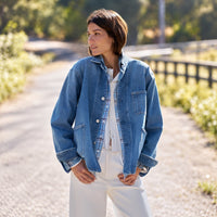 Frank & Eileen Bantry denim barn jacket in 1978 Wash medium blue denim, front view