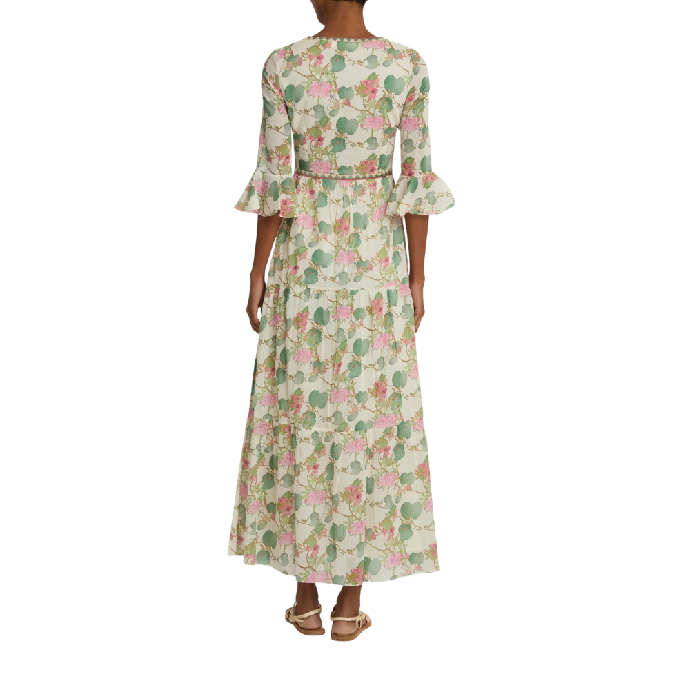 Emporio Sirenuse Dress Bella 2 Dragonfly Cotton Dress in White 3/4 sleeve floral maxi dress with V-Neck. Designer dress Sydney Australia Riada Concept Luxury Fashion Boutique Australia.