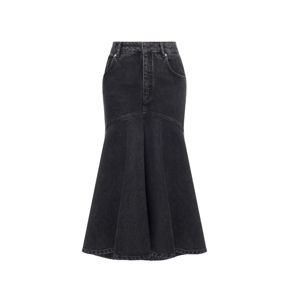 Black Denim Skirt with P Embroidery