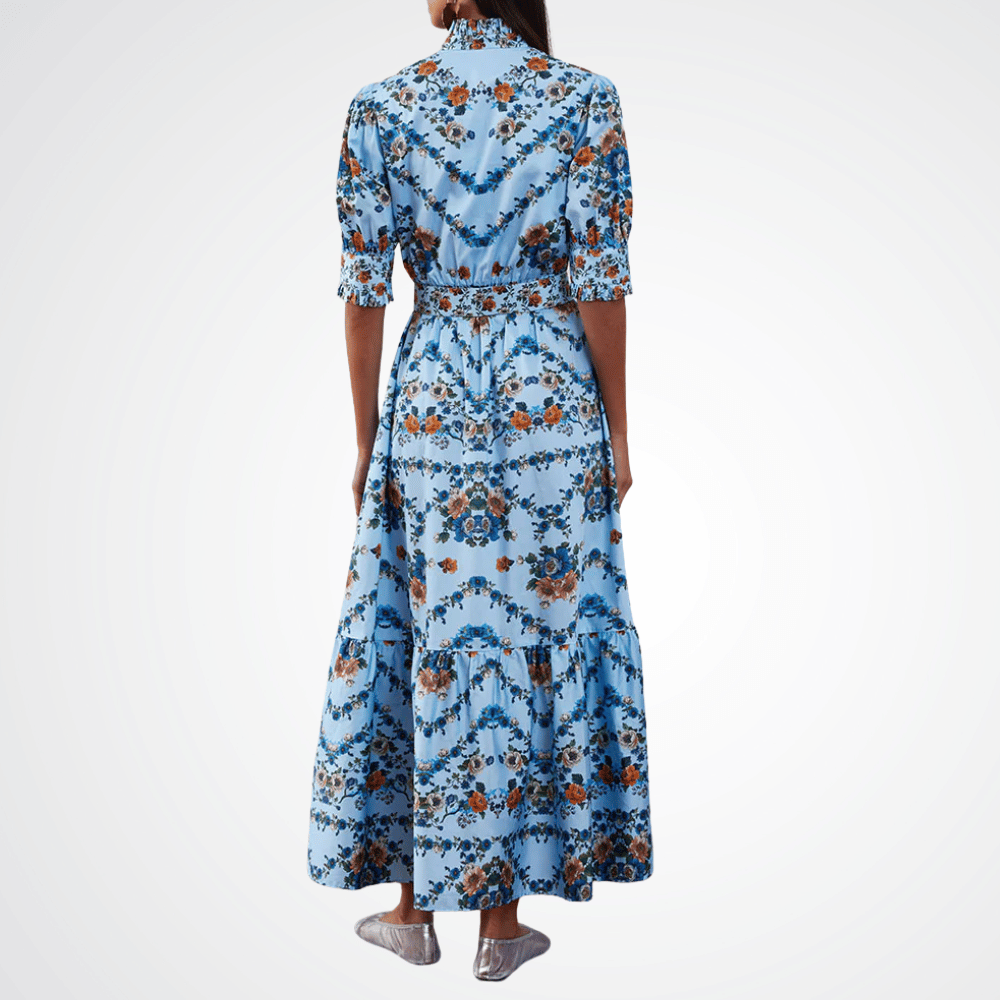 Borgo de Nor Marni Cotton Maxi Dress in Magical Blossom Blue - luxury designer floral dress Sydney. Spring races, wedding guest dress. Borgo De Nor Dresses Online Australia. Designer fashion shop online and in store High End fashion boutique Sydney Australia Riada Concept