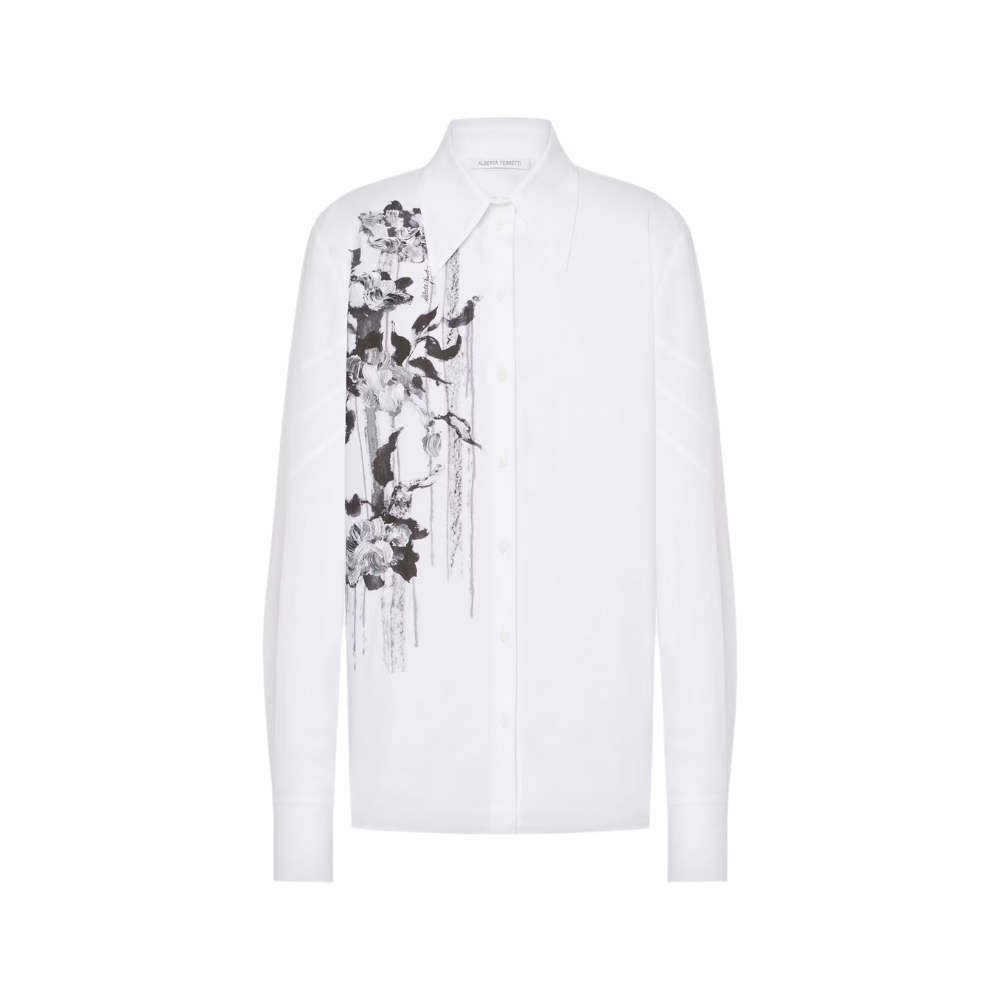 Camicia Shirt in Popeline Stretch Dripping Roses in White