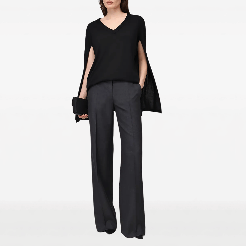 Alberta Ferretti Cape-Sleeve Wool V-Neck Knit Top in Black – International designer fashion boutique Australia Riada Concept Woollahra