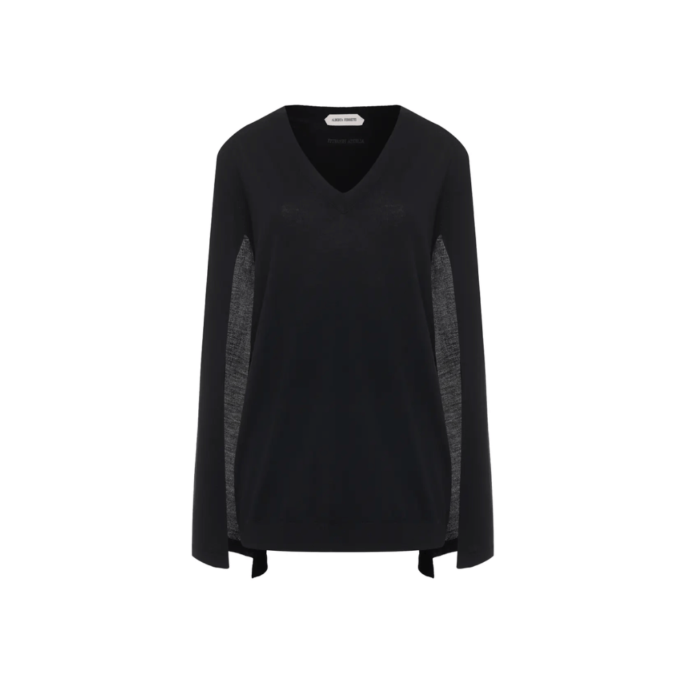Alberta Ferretti Cape-Sleeve Wool V-Neck Knit Top in Black – International designer fashion boutique Australia Riada Concept Woollahra