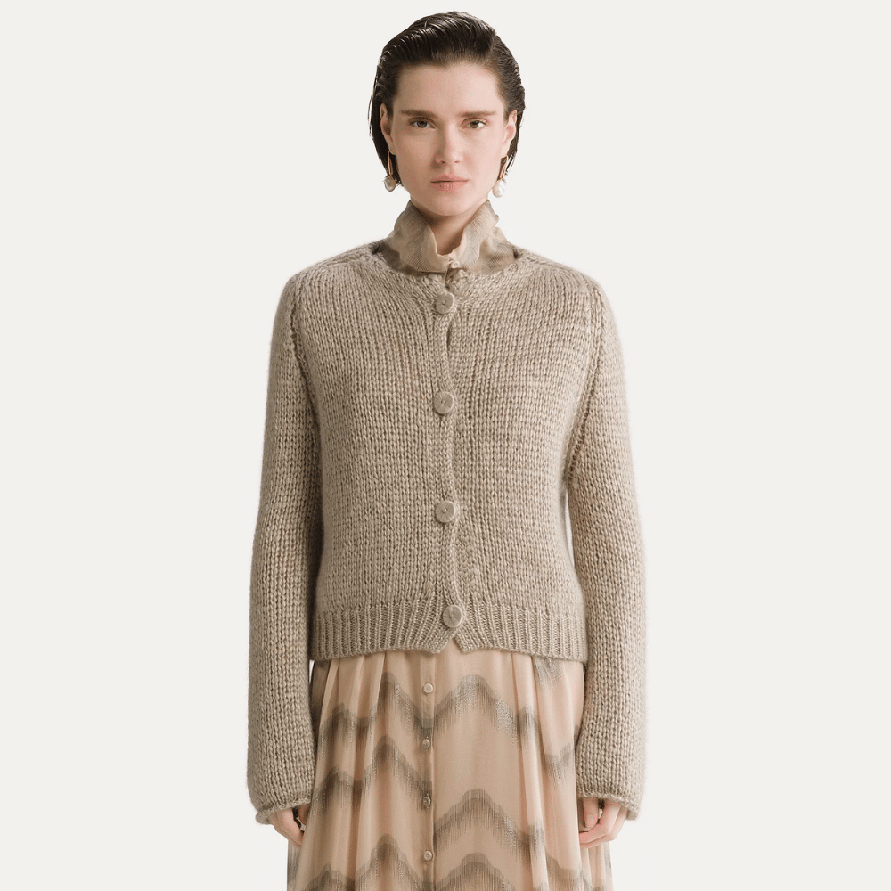 Forte Forte Cashmere Silk Mohair Cardigan Mandorla front view – Riada Concept Woollahra Sydney