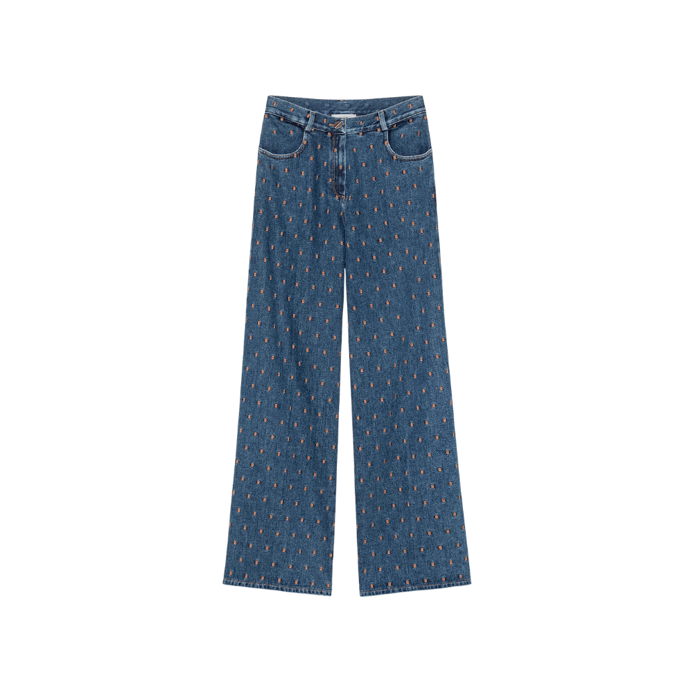 Forte Forte Cavalry Denim Embroidered Wide-Leg Jeans Indigo flat lay – International designer fashion boutique Australia Riada Concept Woollahra