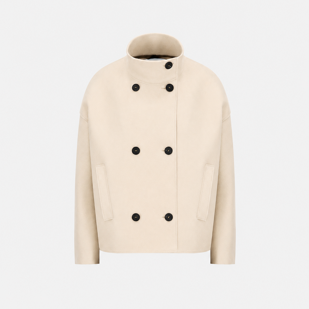 Cropped Double-Breasted Funnel-Neck Wool Jacket in Almond