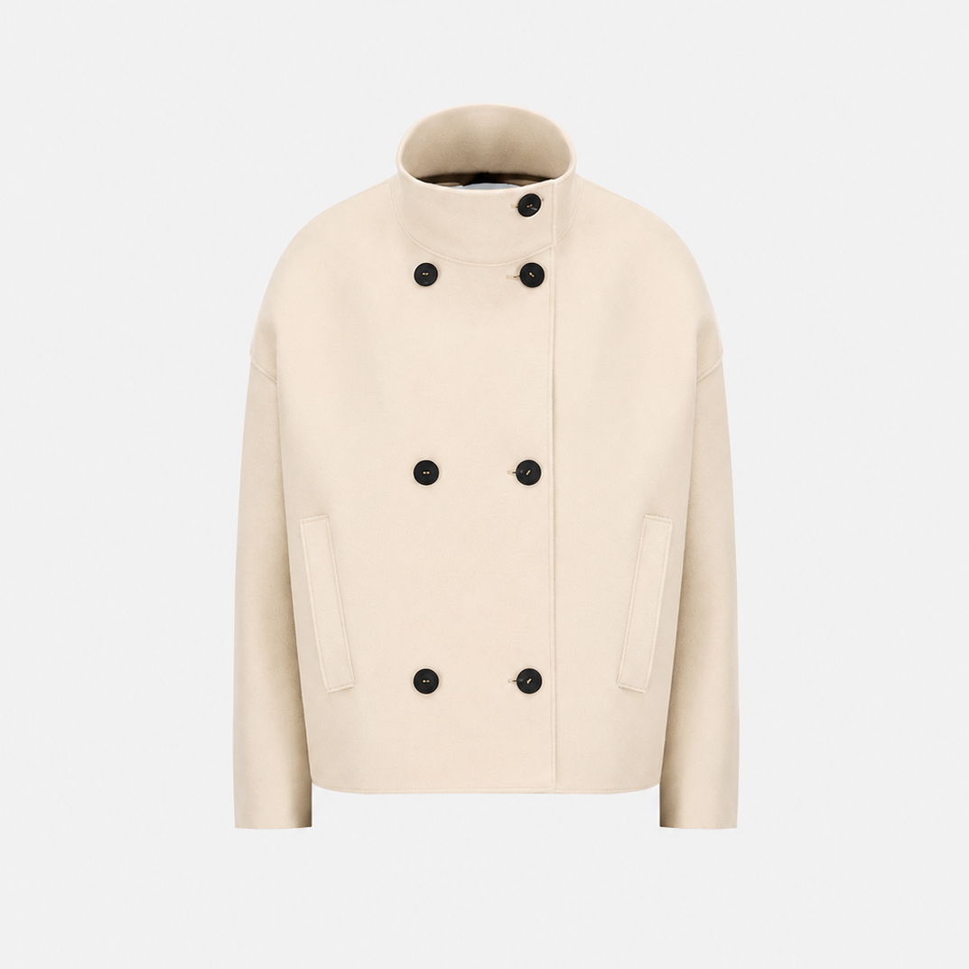 Cropped Double-Breasted Funnel-Neck Wool Jacket in Almond
