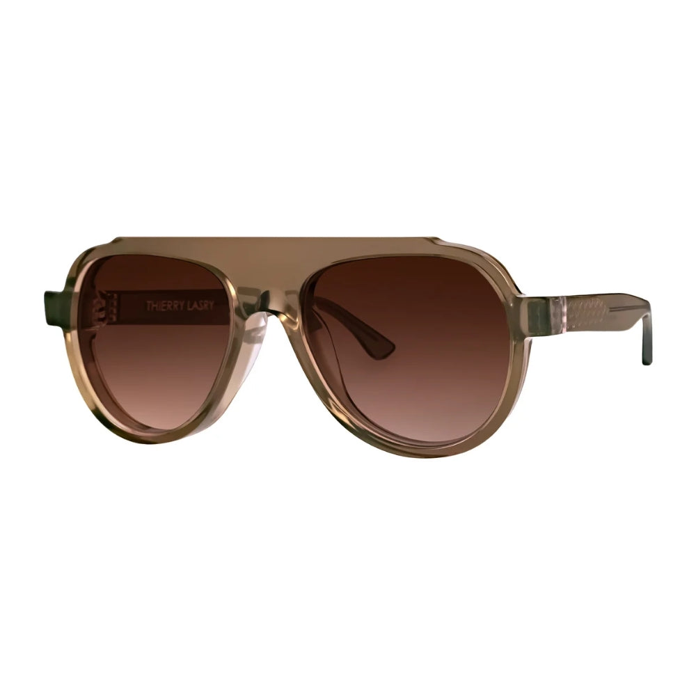 Thierry Lasry CLANDESTY oversized aviator sunglasses in translucent brown acetate, with gradient brown lenses and full UV protection - angle view