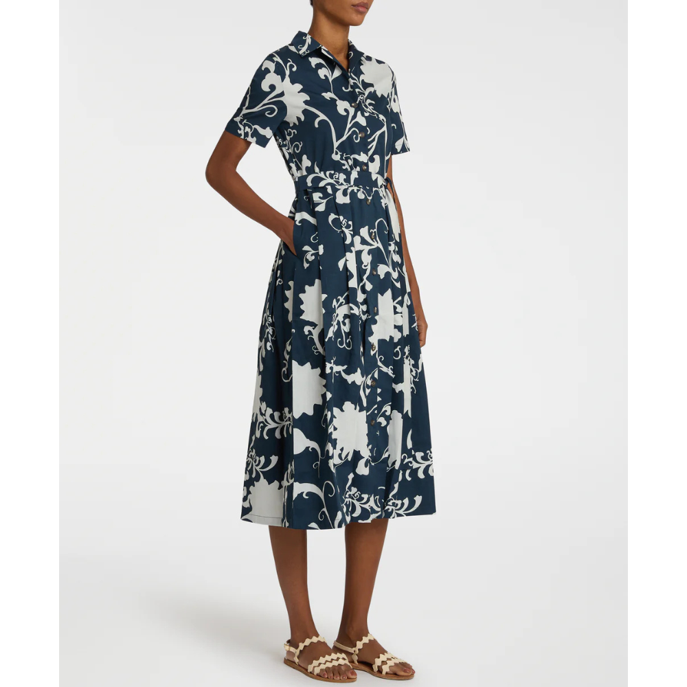 Claudia Flower Screen Cotton Dress in Blue