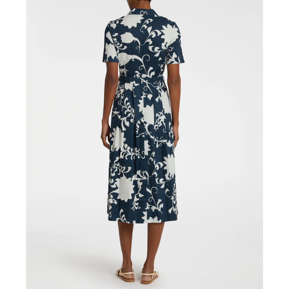 Claudia Flower Screen Cotton Dress in Blue