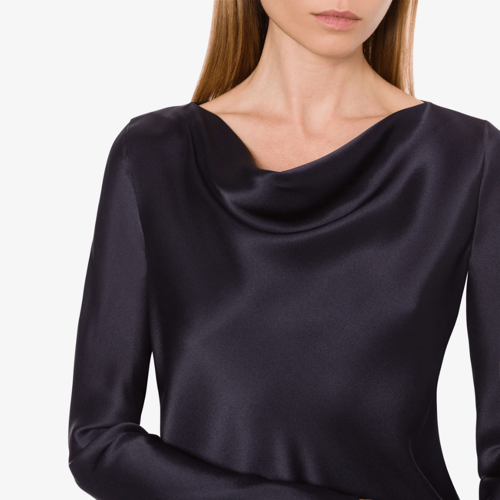 Alberta Ferretti Long Sleeve Satin Draped Neck Blouse in Dark Blue Alberta Ferretti Australia Stockist Australia Online Riada Concept Luxury Fashion Boutique