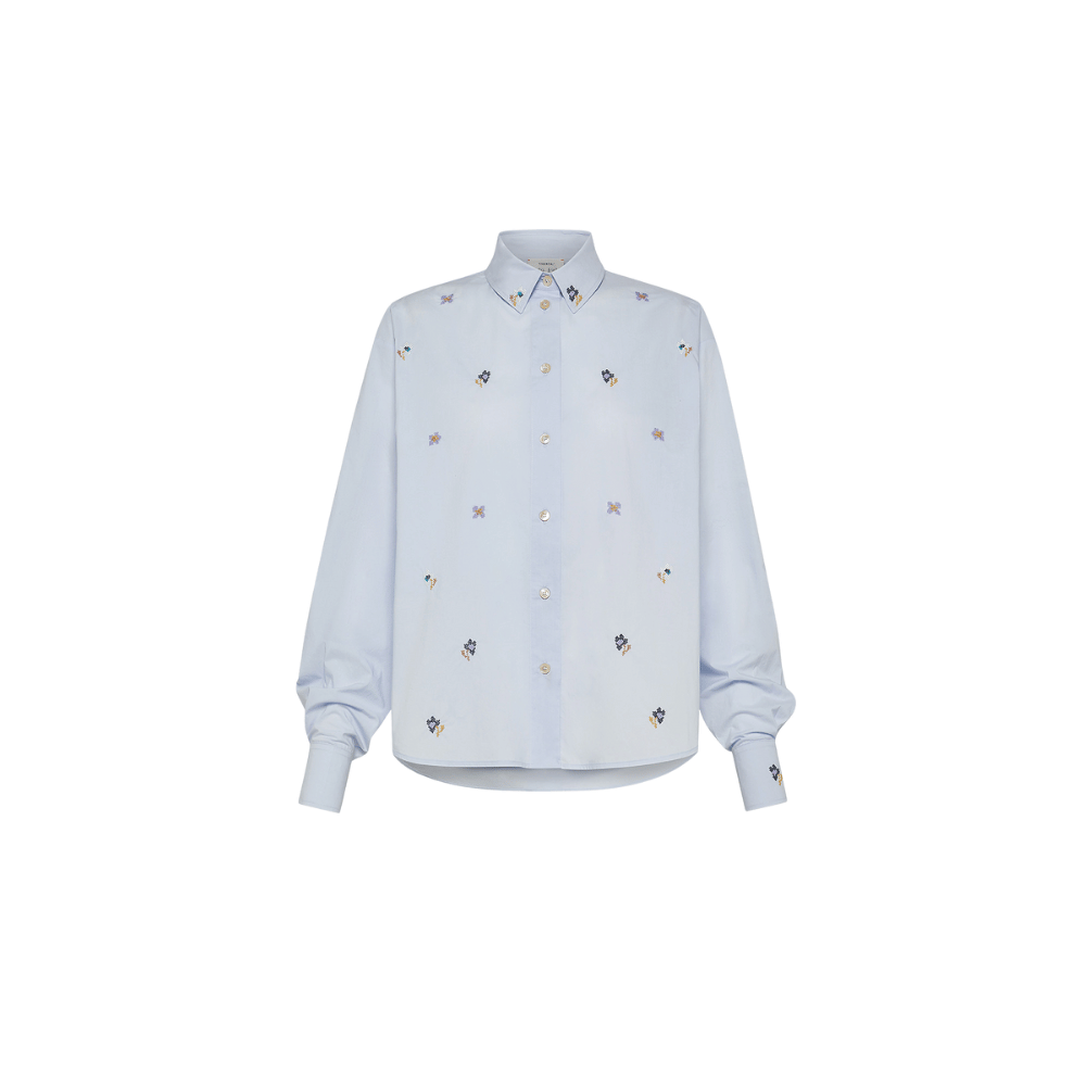 Cropped Embroidered Cotton Poplin Shirt in Ciel