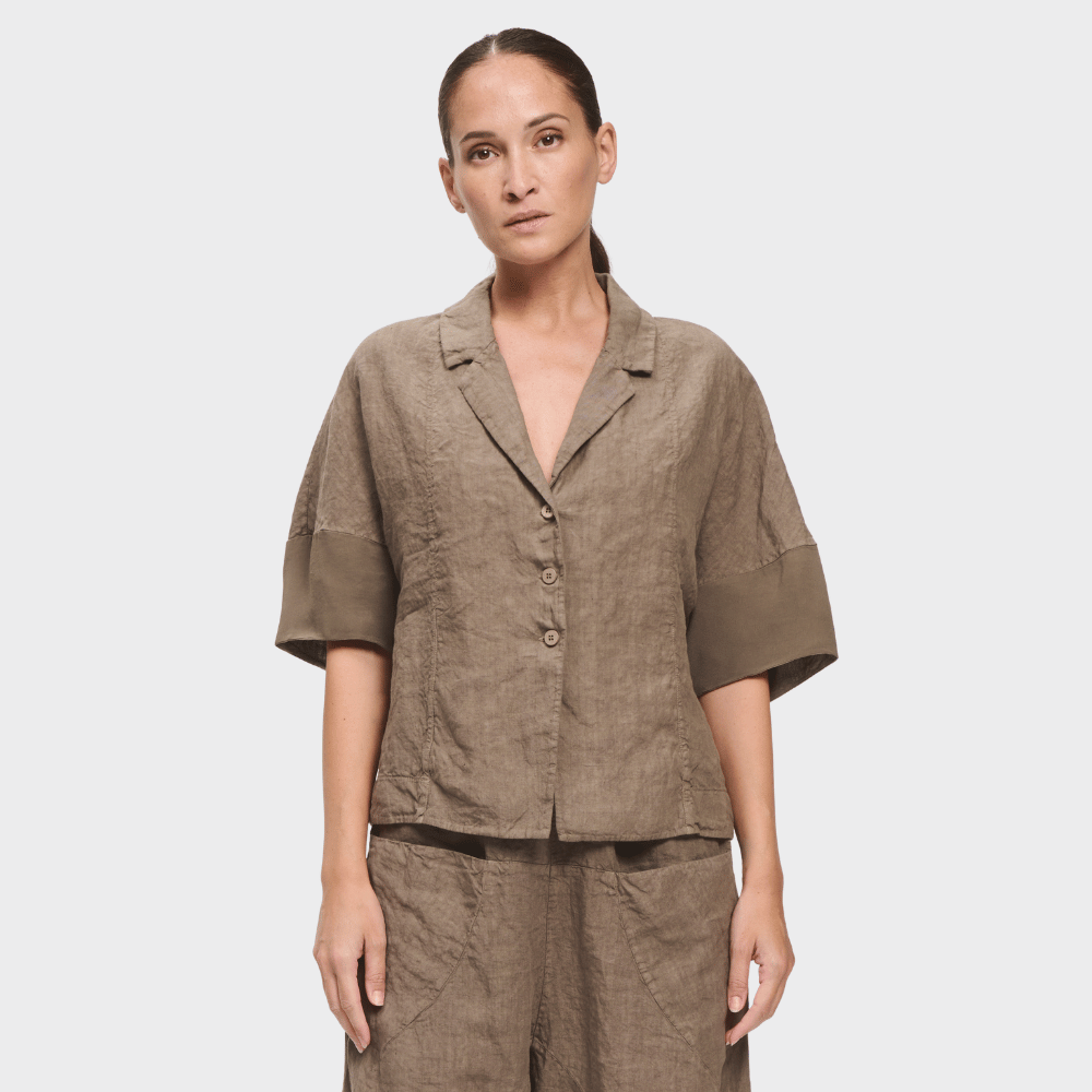 Transit Par Such cropped linen balloon-sleeve jacket in deep mushroom taupe – front view