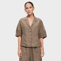 Transit Par Such cropped linen balloon-sleeve jacket in deep mushroom taupe – front view