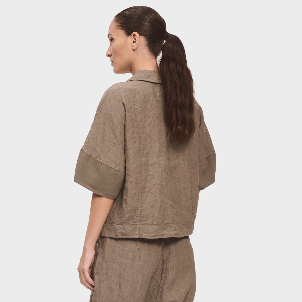 Transit Par Such cropped linen balloon-sleeve jacket in deep mushroom taupe – back view