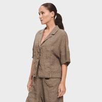 Transit Par Such cropped linen balloon-sleeve jacket in deep mushroom taupe – side view