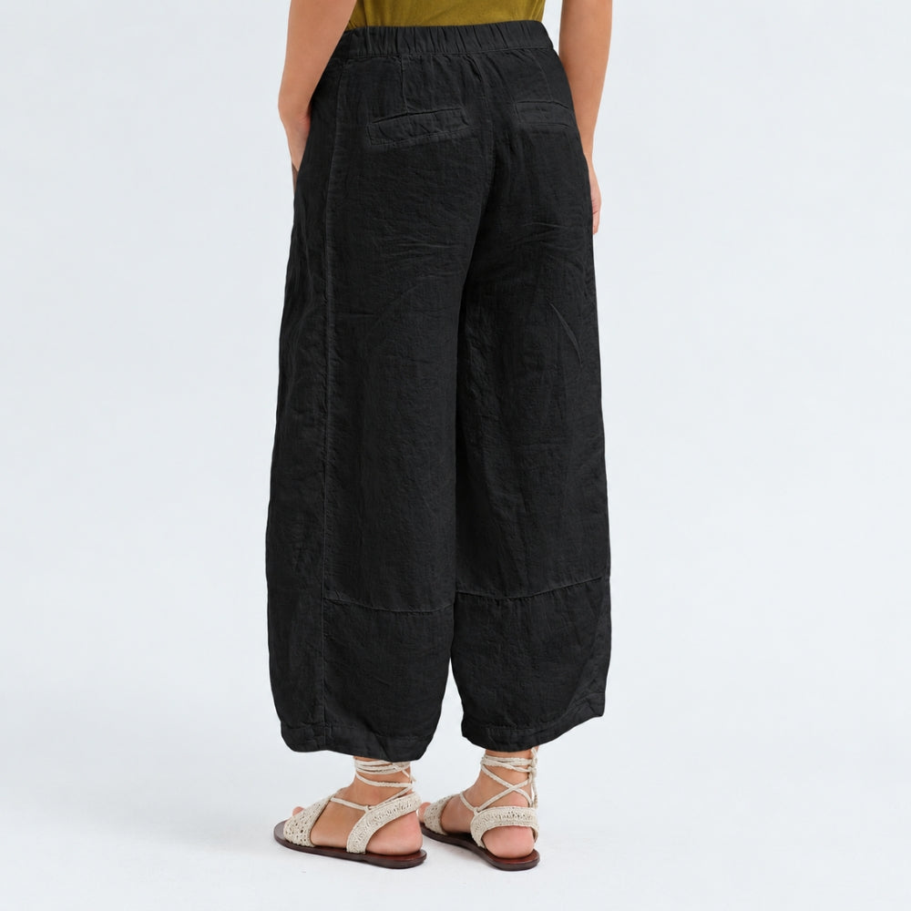 Transit Par Such cropped wide-leg trousers in black linen, with a softly dropped rise, bombé legs pleated at the hem, side pockets and an elastic back waist - back view