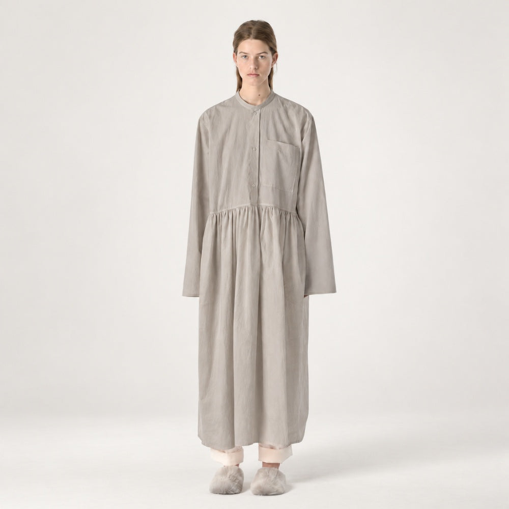 Sofie D’Hoore Darleen brushed cotton button-down dress in pale grey Powder with gathered skirt