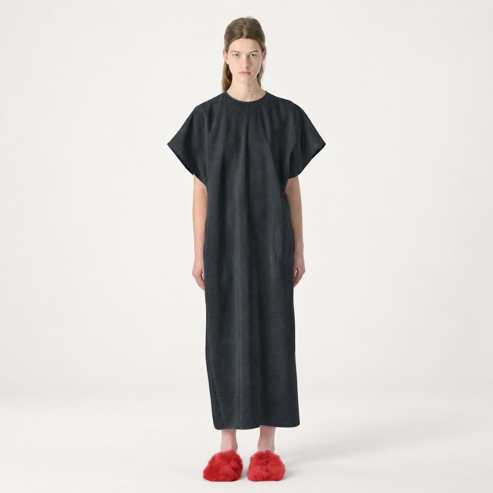 Sofie D’Hoore Doux long silk doupion cap sleeve dress in deep charcoal Cosmos