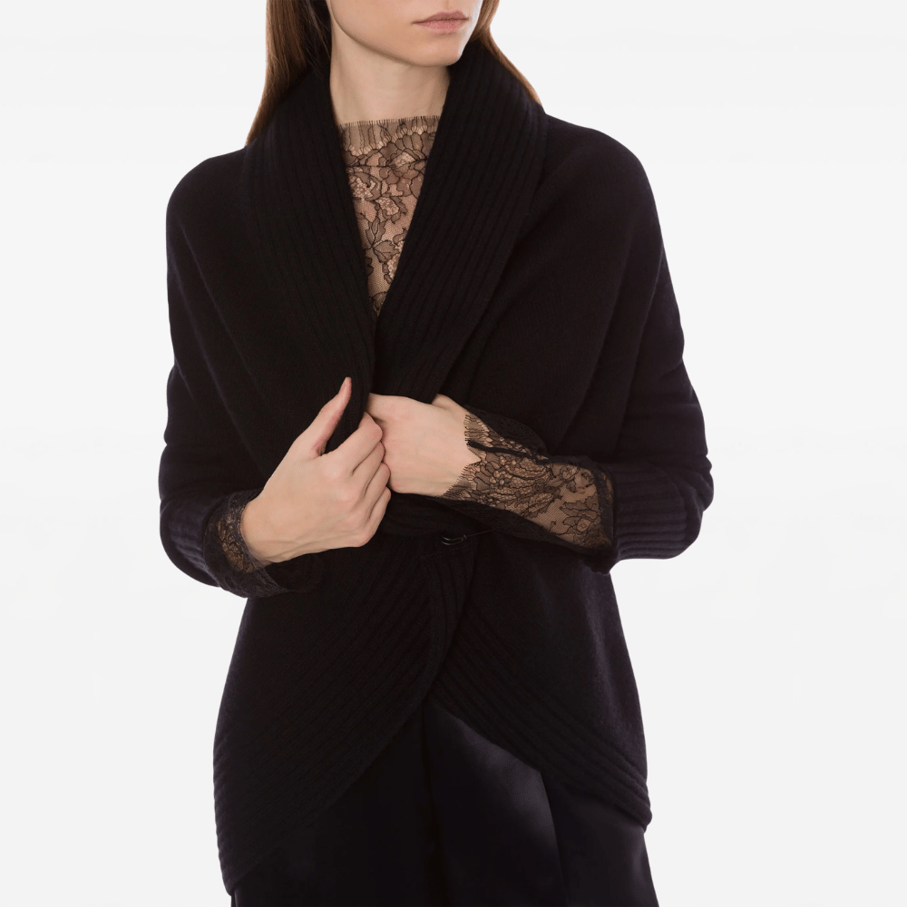 Alberta Ferretti Draped Shawl-Collar Wool Cardigan in Black -  International designer fashion boutique Australia Riada Concept Woollahra