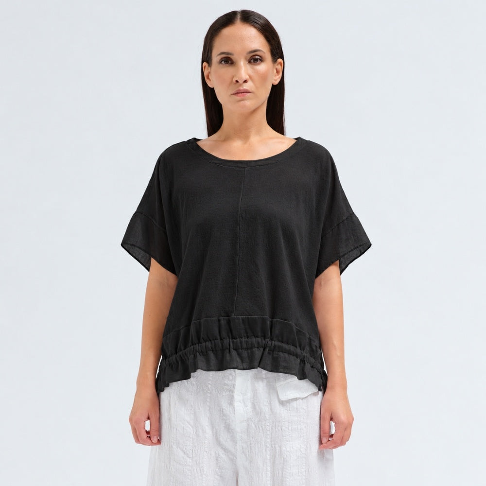 An oversized black T-shirt by Transit Par Such in crepe cotton jersey, with dropped shoulders and a cotton muslin hem band with a drawstring - front view